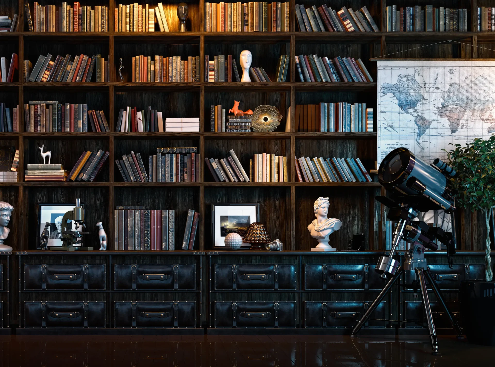 Bookshelf with telescope and decorative items.