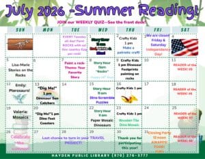 July 2026 summer reading calendar with dinosaur graphics